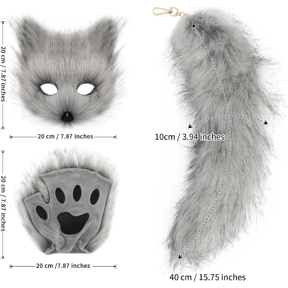 Furry Cat Fox Mask Tail Paws Gloves Set Costume Accessories for Halloween